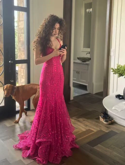Sexy Meerjungfrau Hot Pink Ballkleid Langes Partykleid Abendkleid J7215