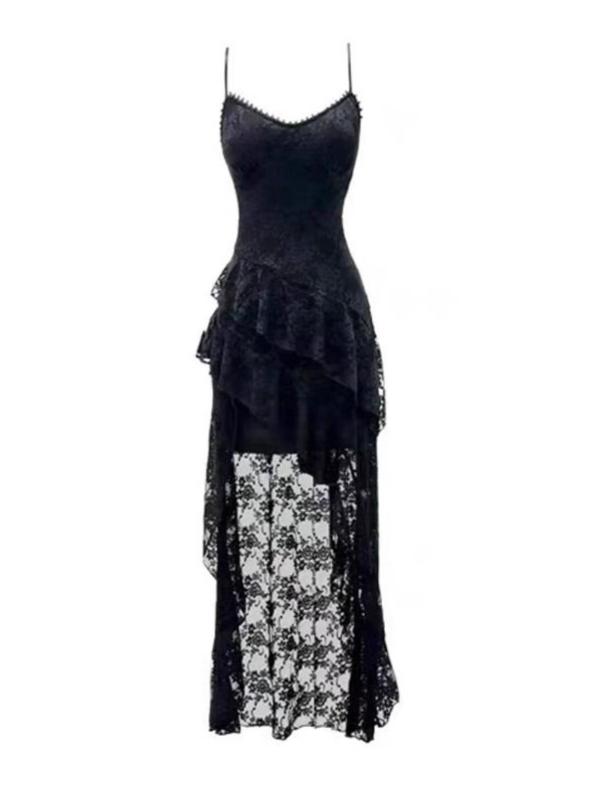 Black Irregular Lace Dress  Ruffled Spaghetti Straps Dress L38