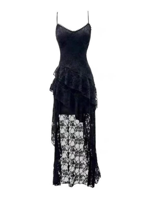 Black Irregular Lace Dress  Ruffled Spaghetti Straps Dress L38