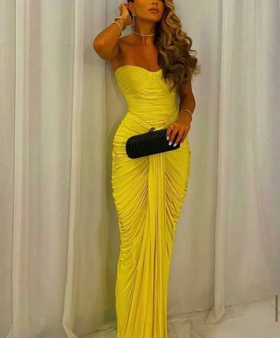 Robe de soirée fourreau jaune plissée pour invité de mariage J6553