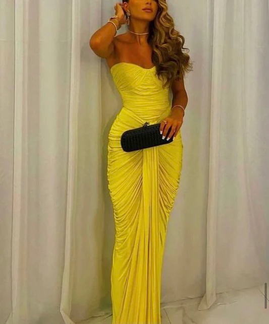 Robe de soirée fourreau jaune plissée pour invité de mariage J6553