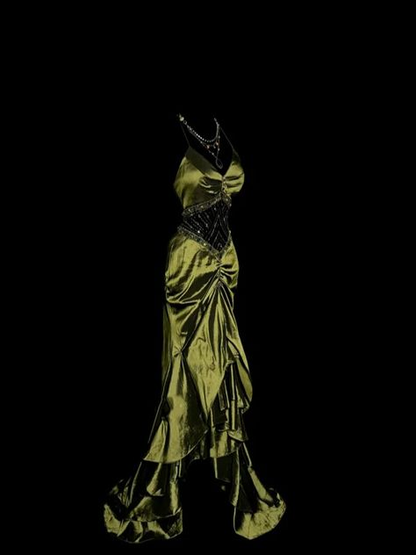 Vintage Mermaid Olive Green Satin Birthday Outfits Formal Party Dresses J7106
