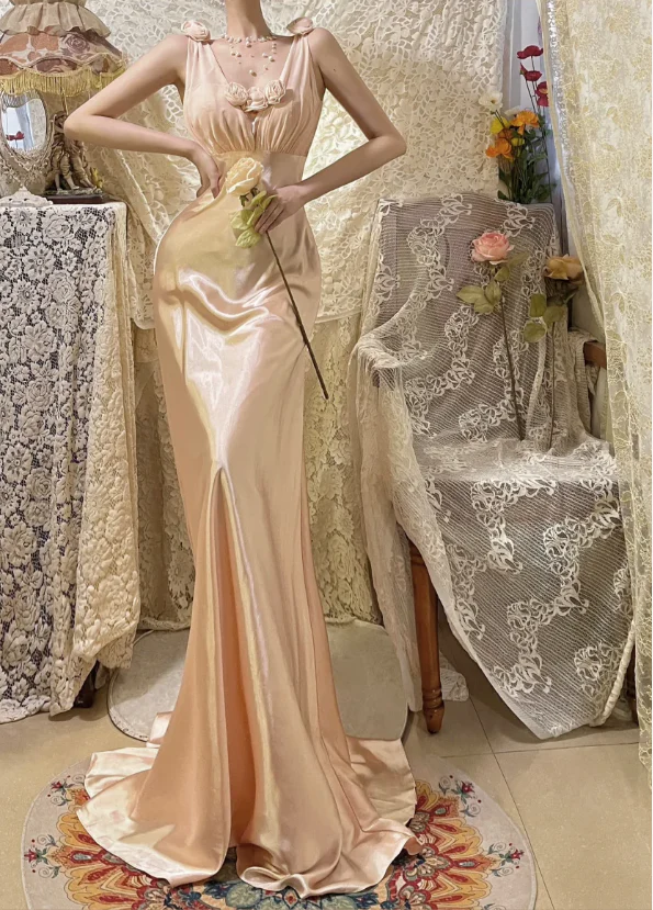 Pink V-Neck Satin Long Prom Dress With Ruffle J8775