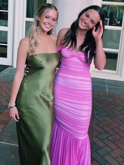 Robe longue rose froncée à épaules dénudées, robe de soirée sirène J8796