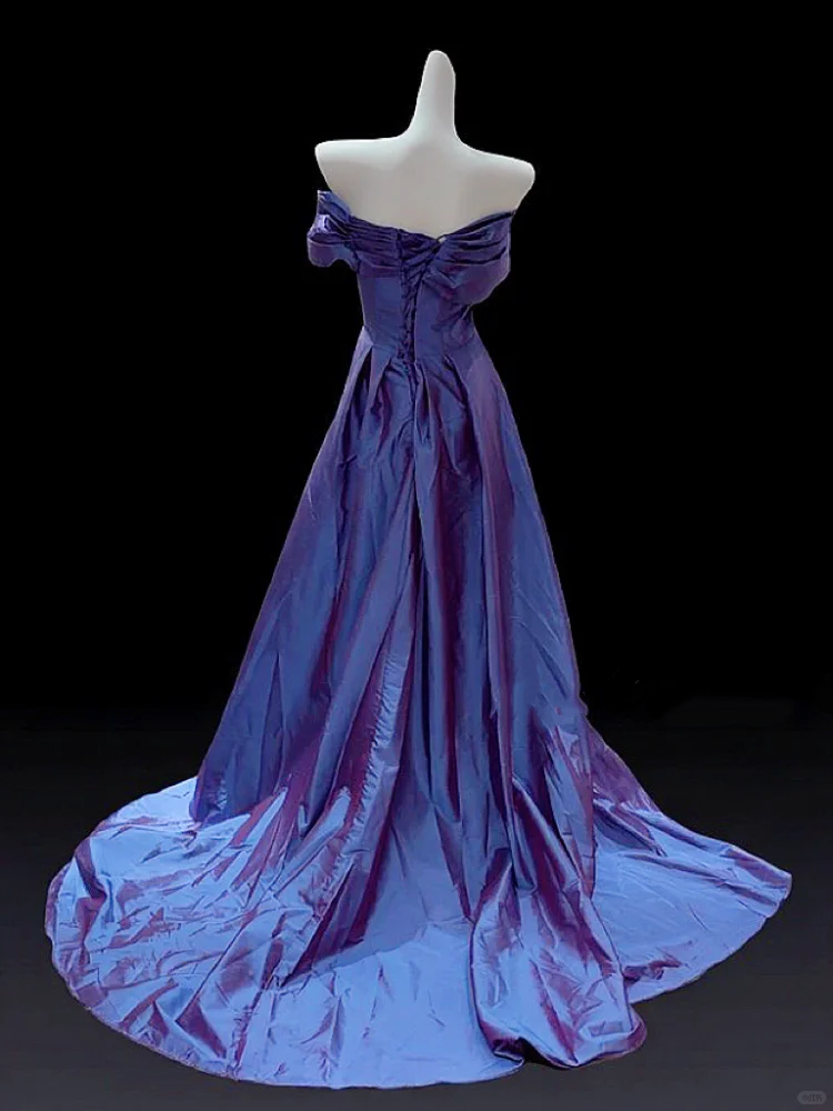 Off The Shoulder A Line Blue Long Prom Dress Vintage Evening Gowns J8649