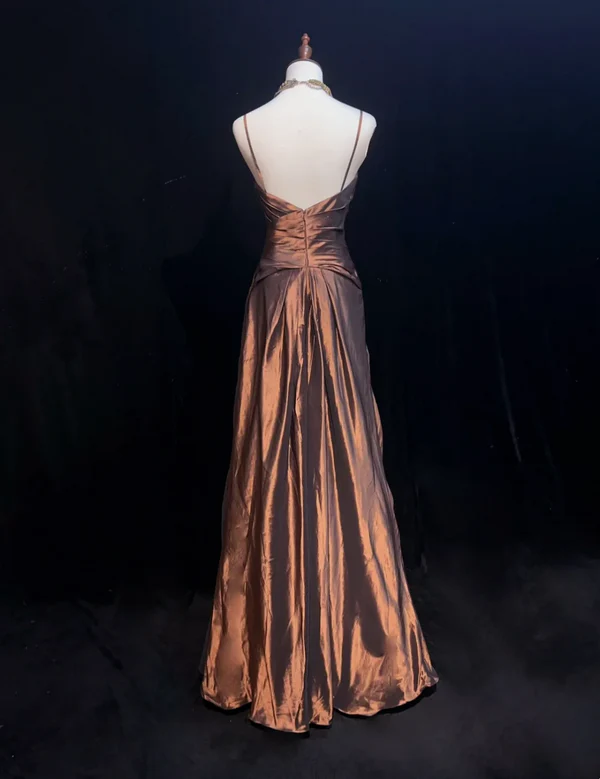 A Line Spaghetti Straps Brown Long Prom Dress Vintage Birthday Dresses J7123