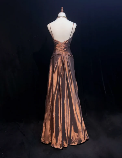 A Line Spaghetti Straps Brown Long Prom Dress Vintage Birthday Dresses J7123