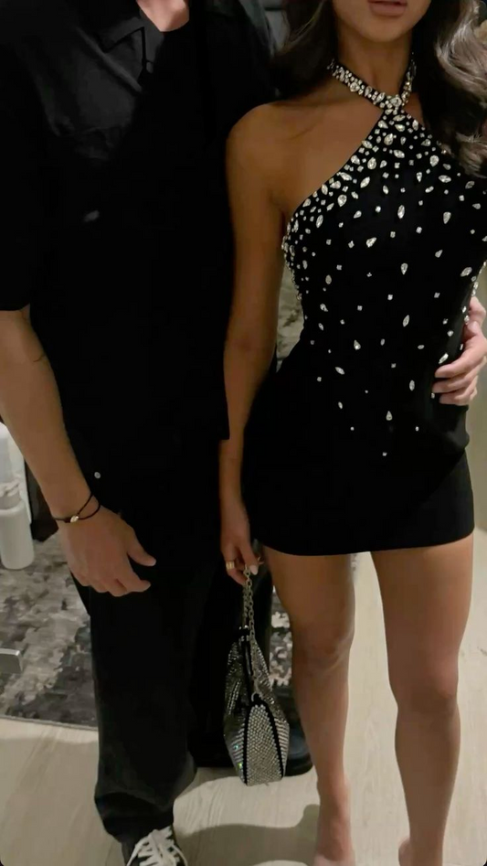 Halter Beaded Black Short Birthday Dress Evening Party Gown J8225
