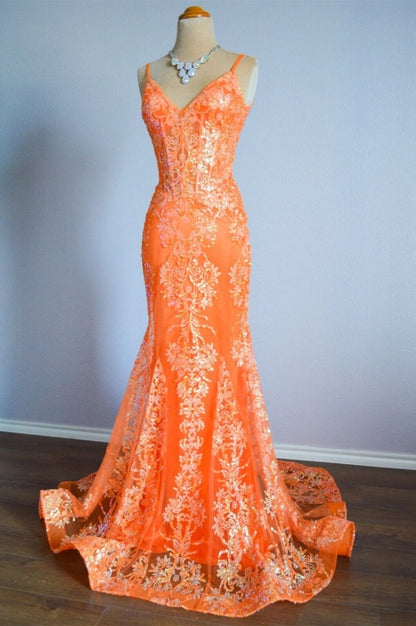 Orange Mermaid Spaghetti Straps Sequins Applique Long Formal Dress J8343