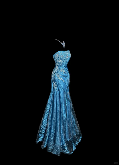 Vintage Mermaid Blue Long Prom Dress Strapless Tulle Gown J8861