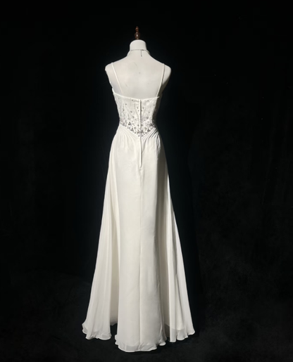 Spaghettiträger Weißes A-Linien-Abendkleid mit Perlenbesatz Langes Ballkleid J7994
