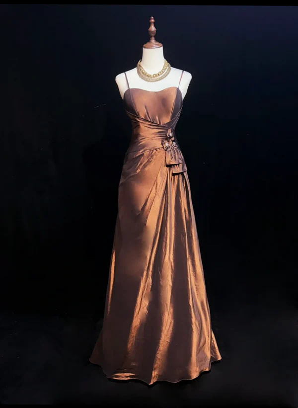 A Line Spaghetti Straps Brown Long Prom Dress Vintage Birthday Dresses J7123