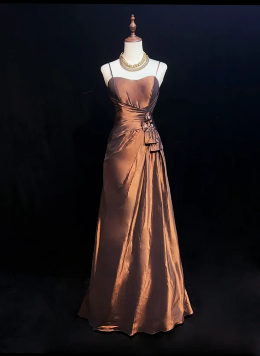 A Line Spaghetti Straps Brown Long Prom Dress Vintage Birthday Dresses J7123