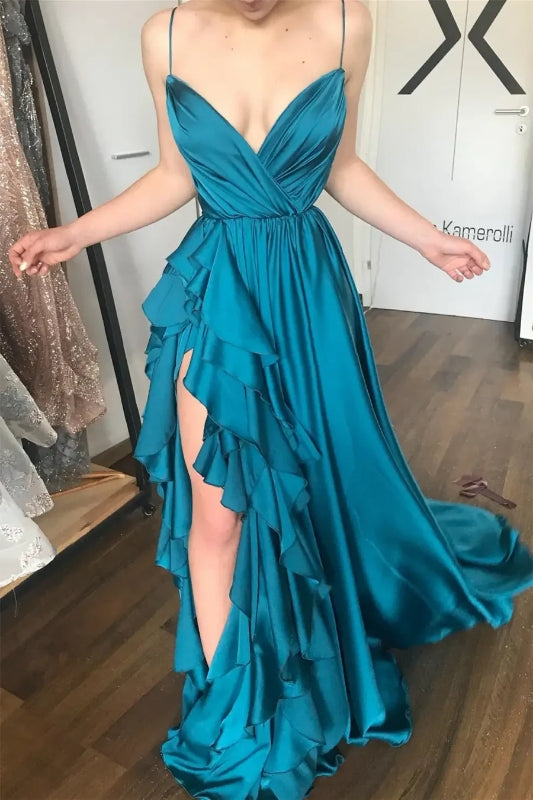 V-Neck Spaghetti Straps A-Line Ruffled Party Prom Dress J8349