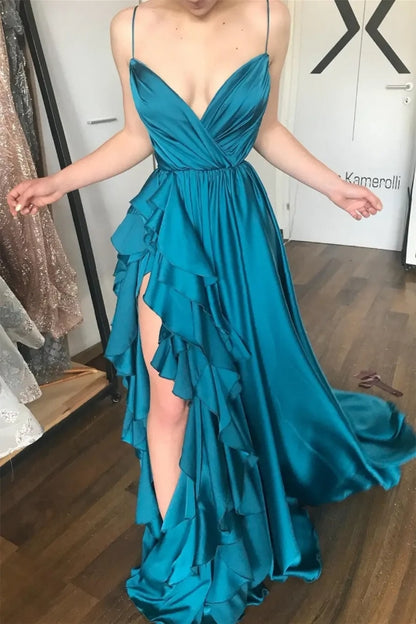 V-Neck Spaghetti Straps A-Line Ruffled Party Prom Dress J8349