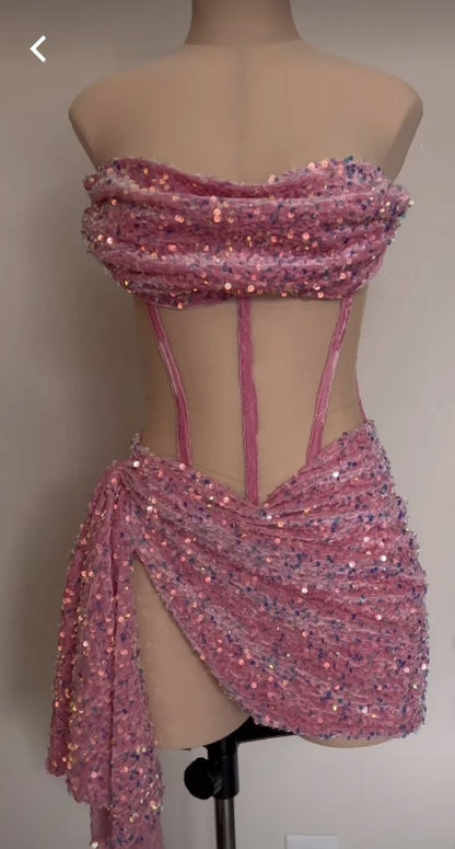 Sexy Rosa Pailletten Geburtstagskleid Kurzes Abendkleid J8351