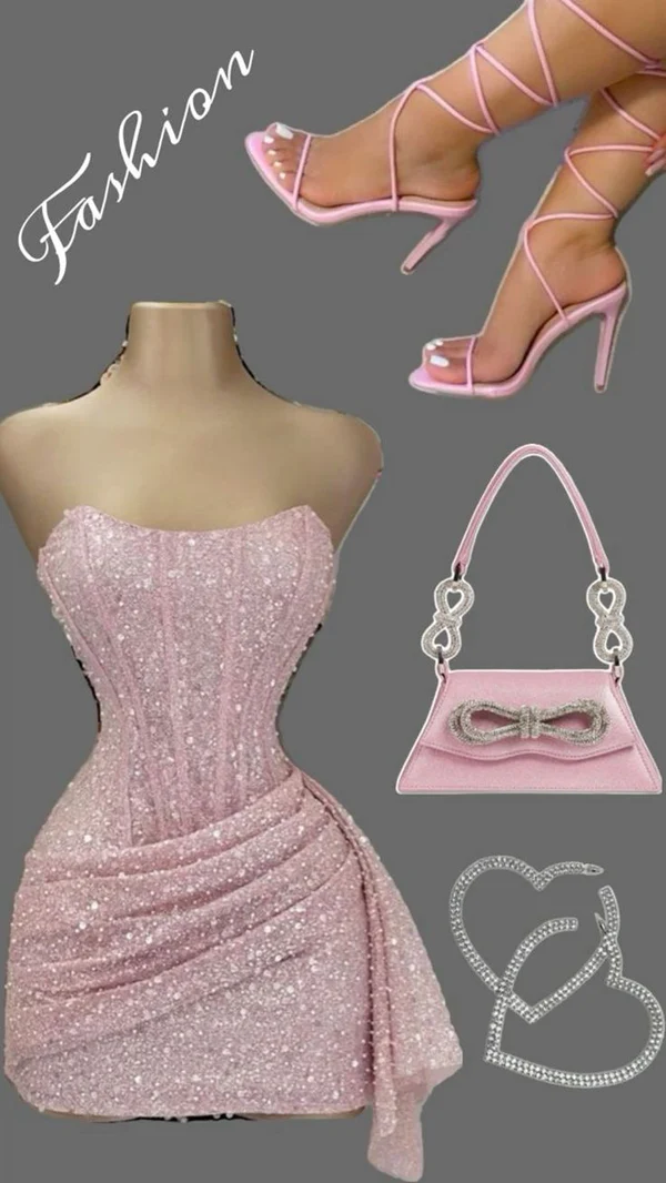 Sexy Sheath Strapless Pink Sequin Homecoming Dresses Short Birthday Outfits  J7241