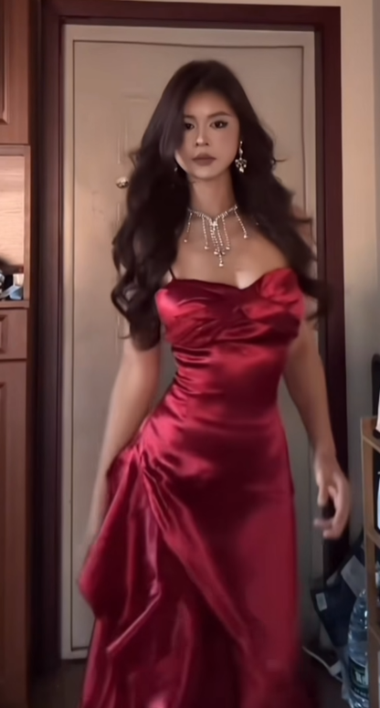 Burgunderrotes Ballkleid mit Rüschen, Satin, Geburtstagskleid J7437