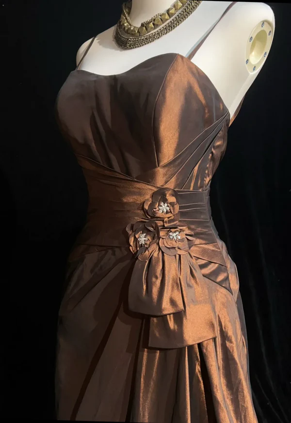 A Line Spaghetti Straps Brown Long Prom Dress Vintage Birthday Dresses J7123