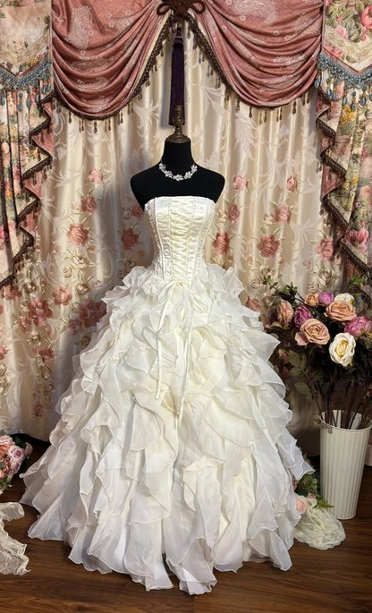 Ivory A-Line Long Prom Dress Ruffle Birthday Ball Gown Evening Dress J8207