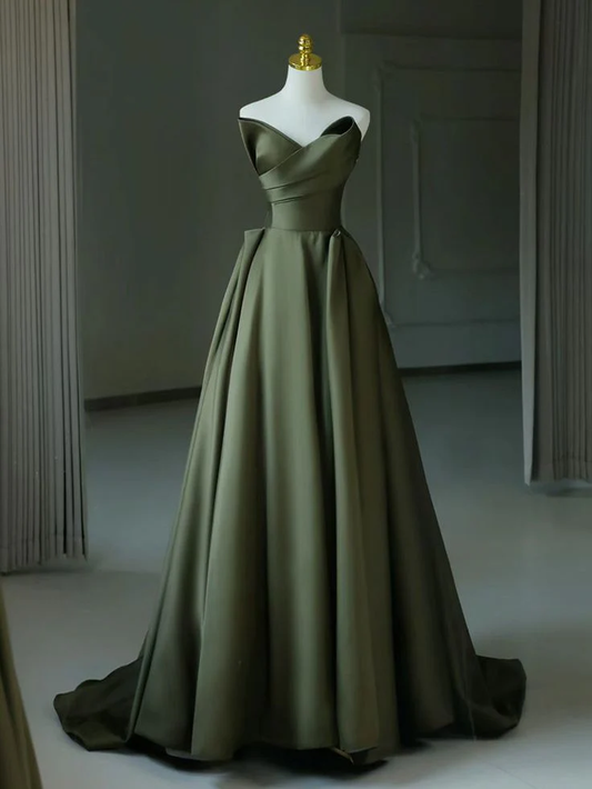 A Line Satin Green Long Prom Dress Formal Evening Dress J7207