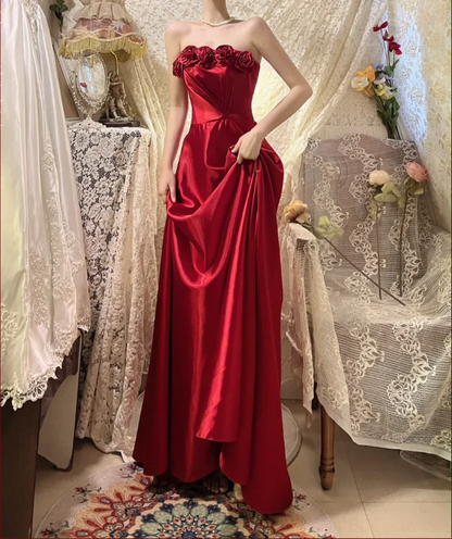 Red Strapless 3d Flower Satin Long Prom Dress J8773