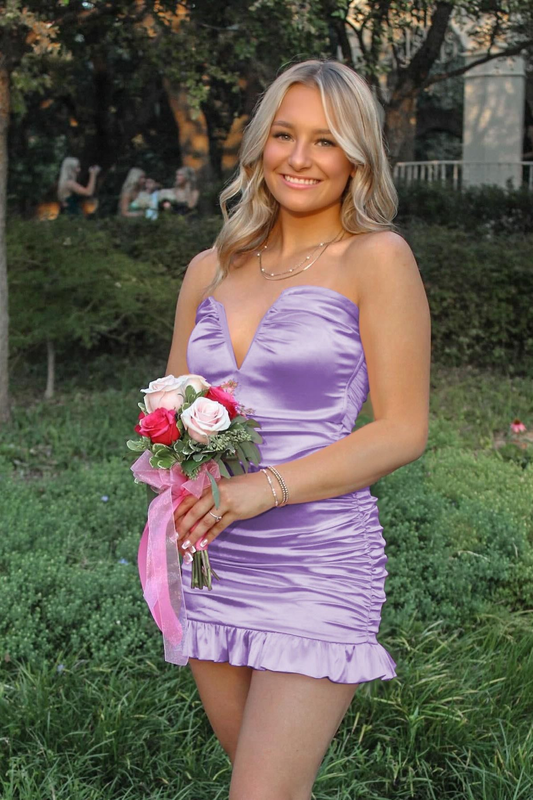 Lavender Strapless Satin Ruffle Bodycon Short Homecoming Dress J7335