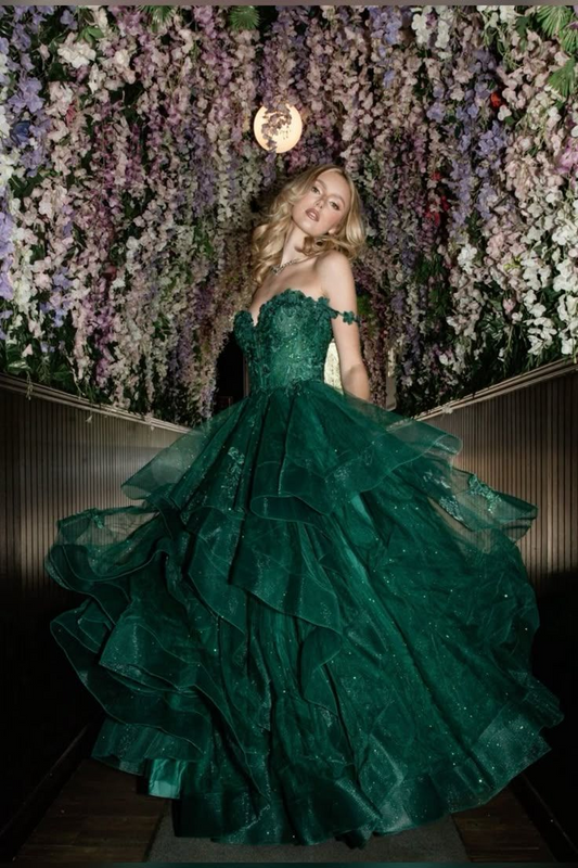 Schulterfreies, glänzendes grünes A-Linien-Ballkleid mit Applikationen, langes Partykleid J8251