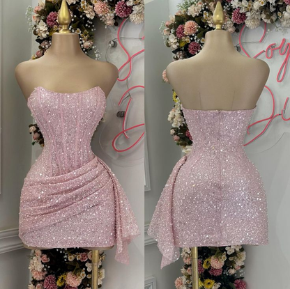 Rosa trägerloses Geburtstagsoutfit, Mini-Heimkehrkleid J6991