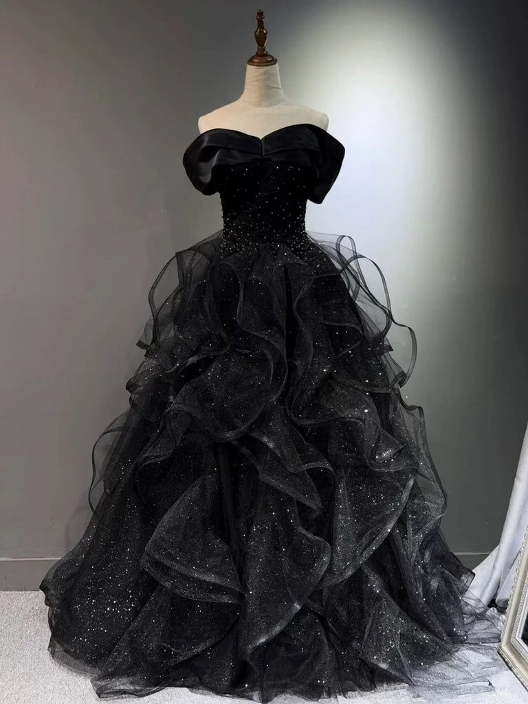 A Line Black Tulle Layers Off Shoulder Prom Dress  J8603