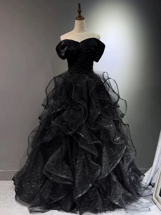 A Line Black Tulle Layers Off Shoulder Prom Dress  J8603