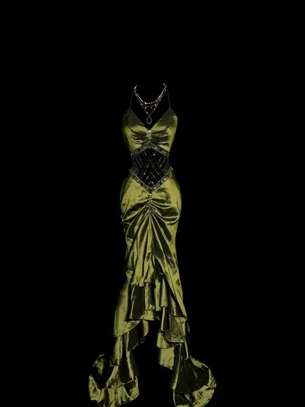 Vintage Mermaid Olive Green Satin Birthday Outfits Formal Party Dresses J7106
