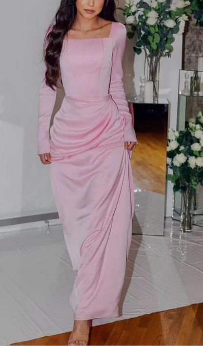 Pink Square Neck Long Sleeves Evening Dress Modest Party Dress J8737