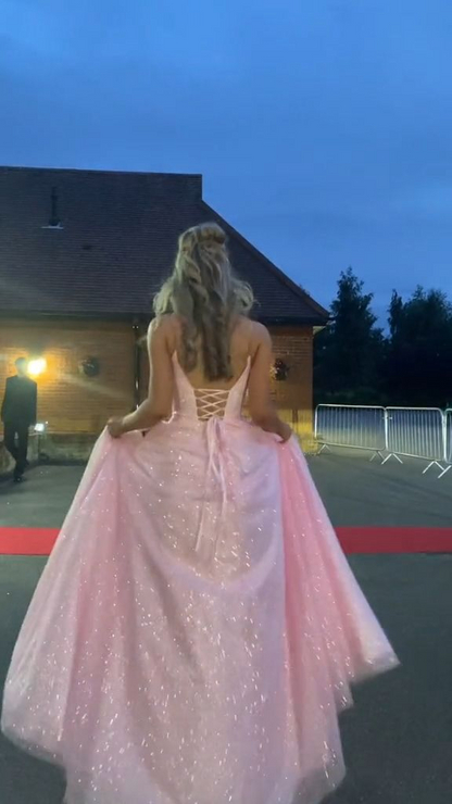 V Neck Pink Sparkle Tulle Prom Dress Long Evening Dress J8340