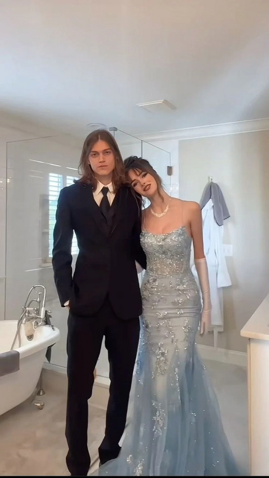 Robe de soirée sirène longue bleue en tulle avec appliques J8751