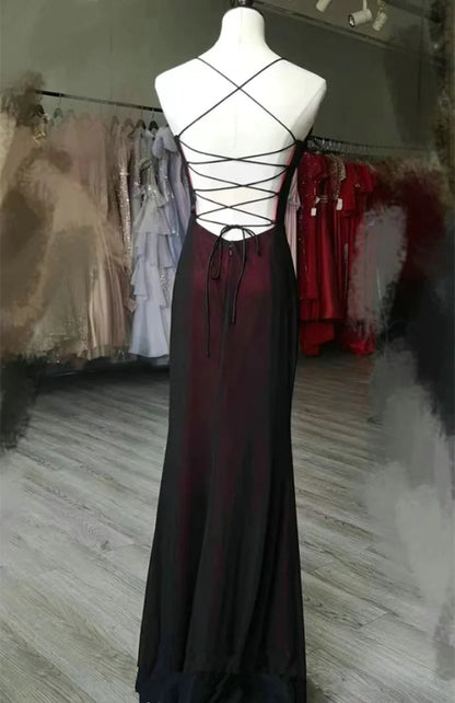 Black And Red Scoop Straps Long Party Dress Formal Evening Dress J8381