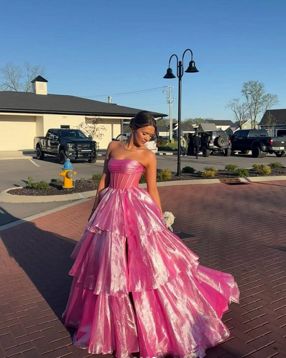 Robe de bal longue rose à volants, robe d'anniversaire, robe de princesse, J8254