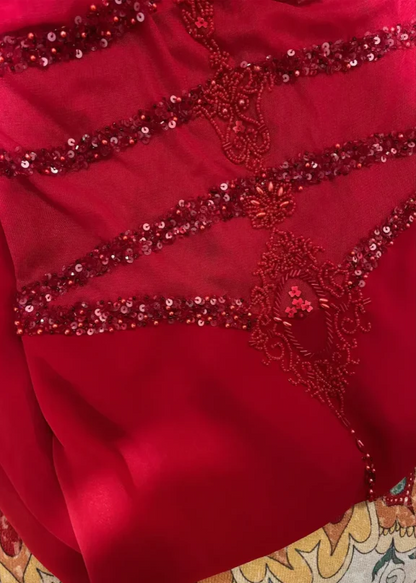 Robe de soirée sirène rouge en mousseline de soie et perles, bretelles spaghetti, sexy, J8772