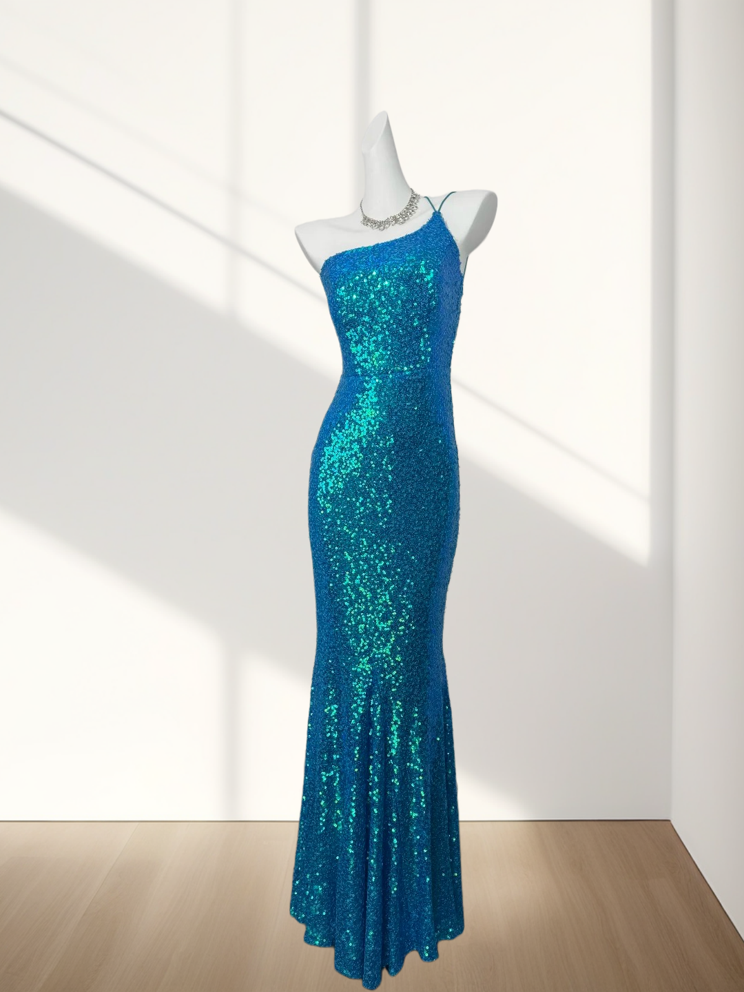 One Shoulder Sequin Blue Prom Dress Sheath Evening Dress  J10309