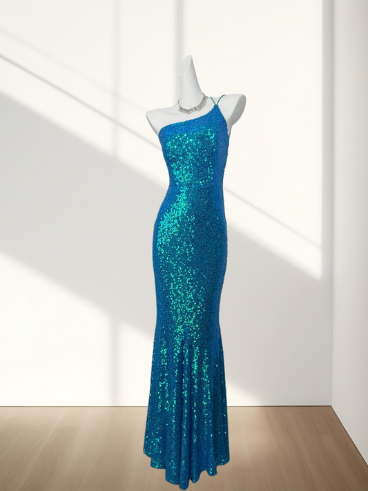 One Shoulder Sequin Blue Prom Dress Sheath Evening Dress  J10309