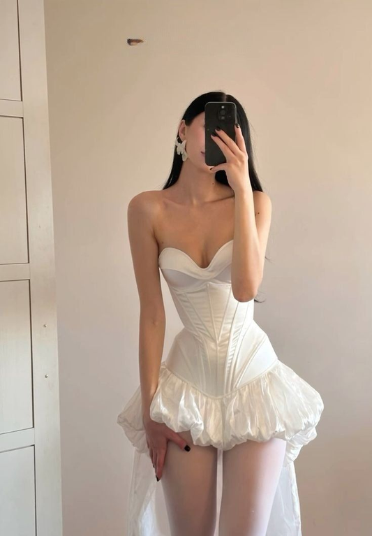 White Strapless Evening Prom Dresses High Low Homecoming Gowns J7383