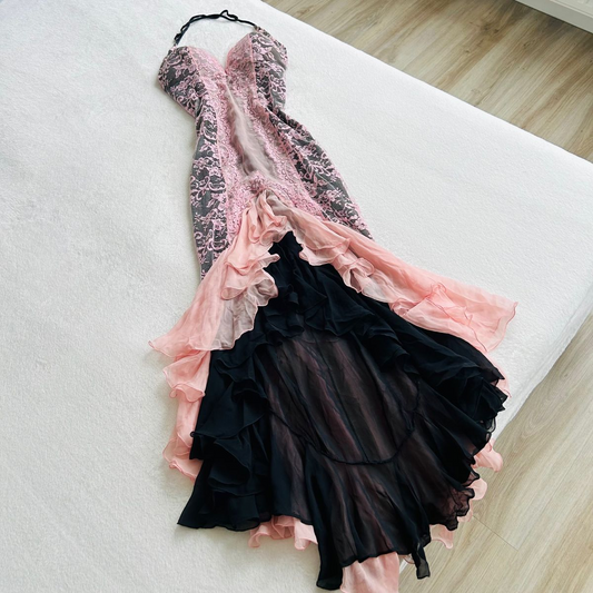 Robe de mariée sirène en dentelle rose à volants, robe de soirée formelle J8394