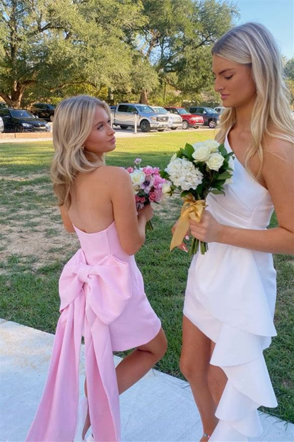 Robe de soirée rose courte, robe de cocktail courte, robe de bal courte avec nœud papillon, J7265