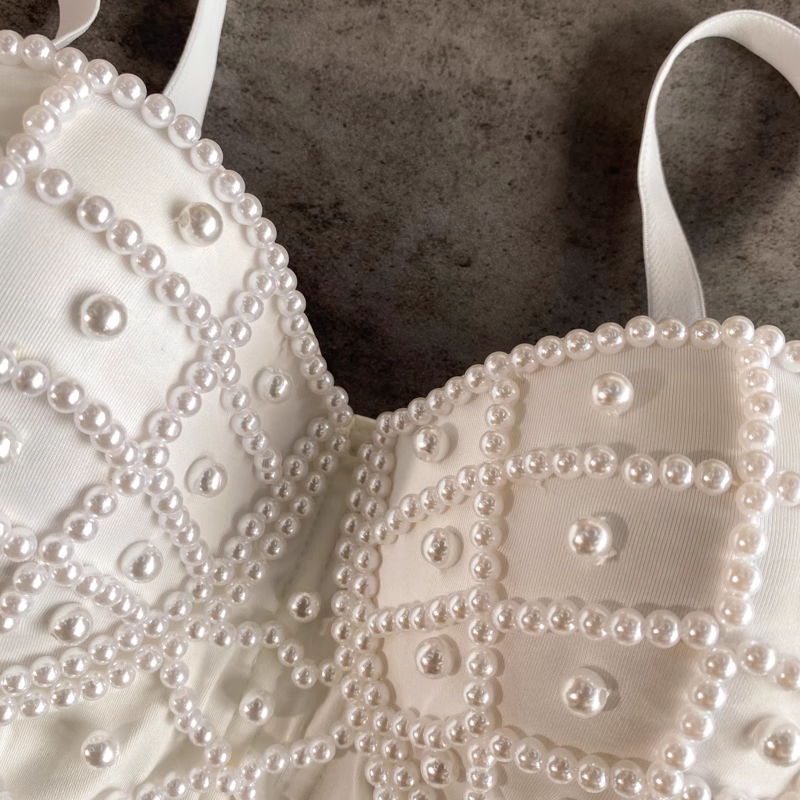 Haut corset court à bretelles spaghetti et perles sexy L41