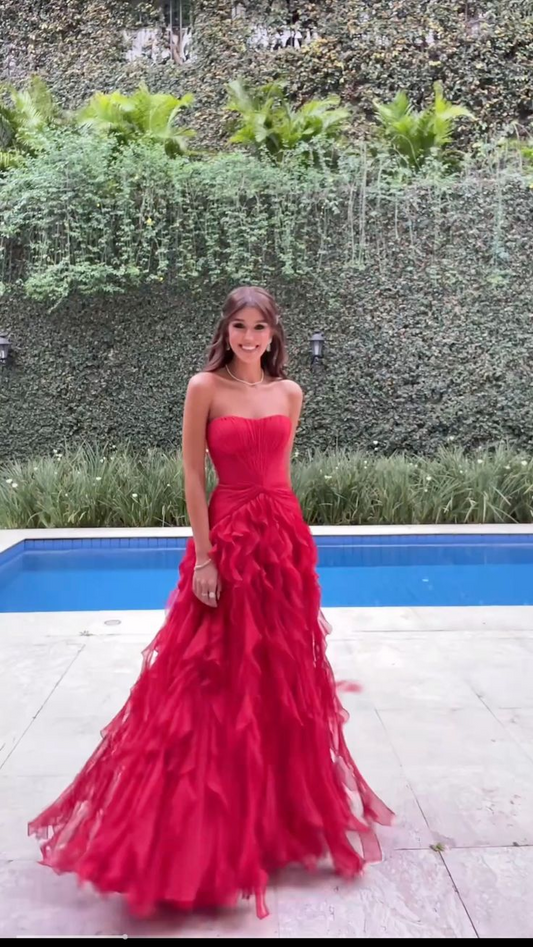 Strapless Red Ruffle Long Prom Dress A Line Wedding Guest Dress J8855