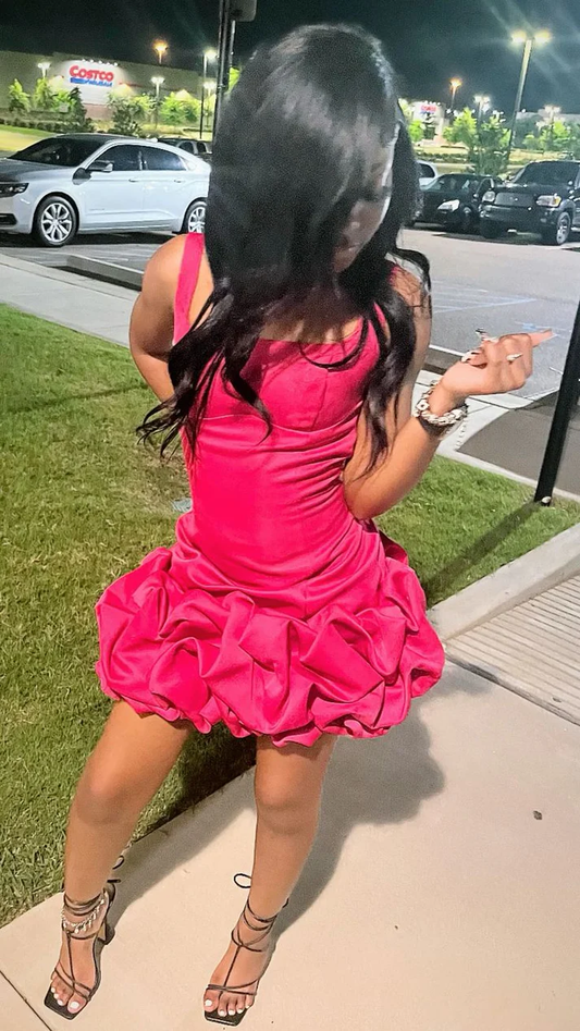 Robe de cocktail courte à bretelles, rose vif, J7127
