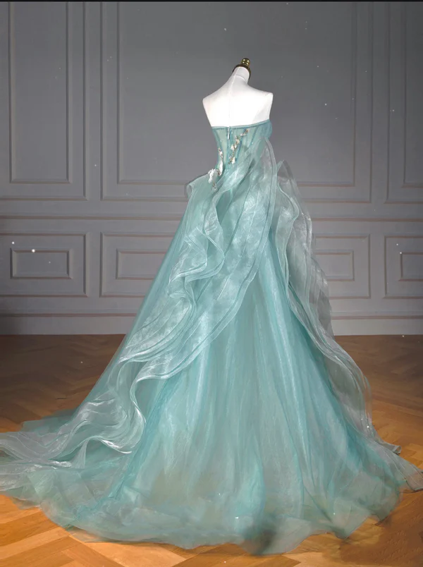 Schatz Tüll Grün Langes Abendkleid Ballkleider Mit Rüschen J7327