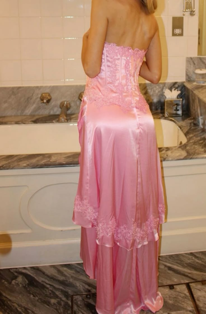 Trägerloses A-Linien-Ballkleid in Rosa mit Applikationen, formelles Partykleid J7556