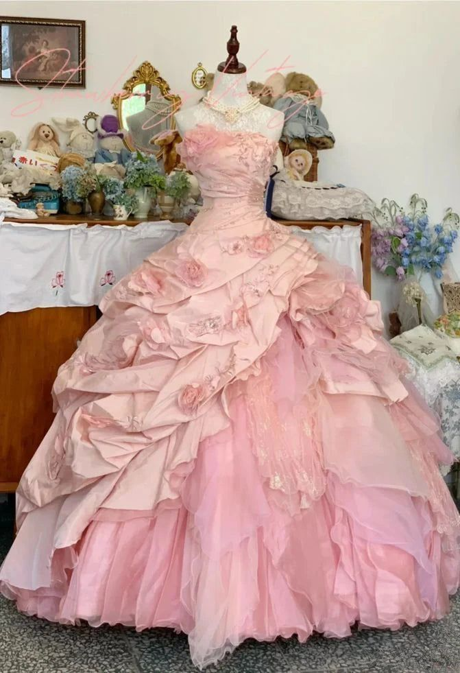 Pink 3d Flower Sweet 15 Quinceanera Ball Gown A-Line Birthday Dress Evening Dress J8066