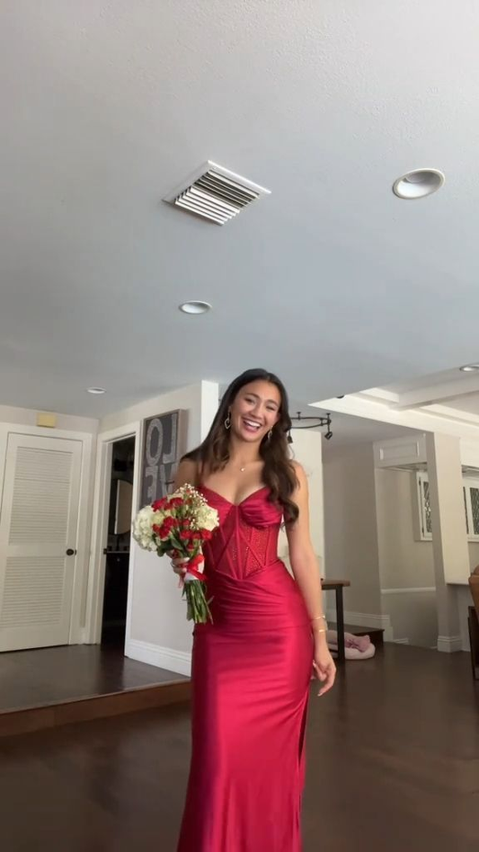 Rotes Etuikleid aus Satin, formelles Partykleid J7432